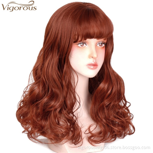 Vigorous Women Girls Ladies Long Curly Charming Synthetic Wigs with Neat Bangs Big Wave Heat Resistant Wig Hairnet Included